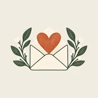 Hearthday Paper Co. logo: an envelope with a heart, between two leafy sprigs